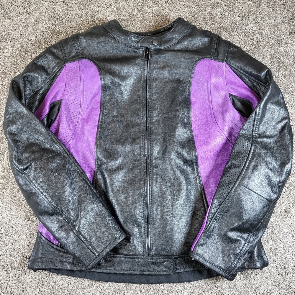 BILT Leather Motorcycle Jacket Purple‎ Panels Women's Size 10 Black Padded